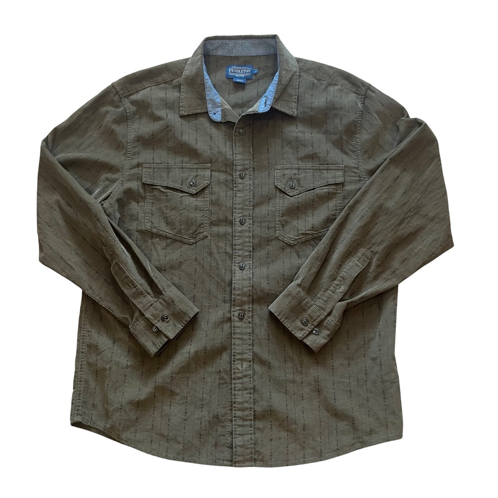 Pendleton Mens Large Olive Green Corduroy Tribal Print Button Down Shirt L/S